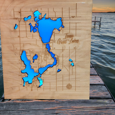 Illuminated Iowa Great Lakes Map: LED Lit Baltic Birch Art with Remote Control