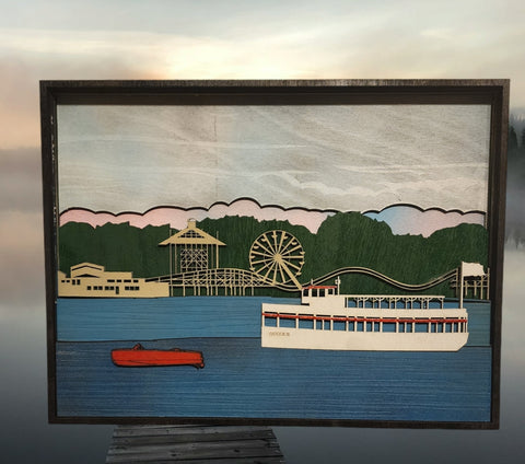 3D Laser Cut Arnold's Park & Queen II Diorama | Baltic Birch Wood Art | West Lake Okoboji