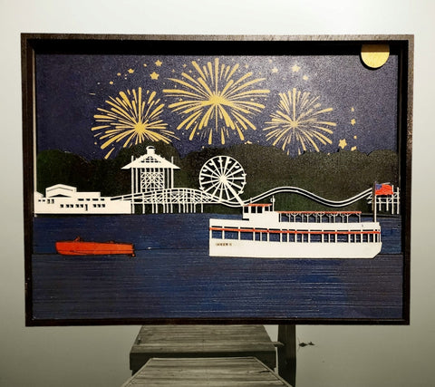 3D Laser Cut Arnold's Park & Queen II Night Scene Diorama | Baltic Birch Wood Art | West Lake Okoboji Fireworks