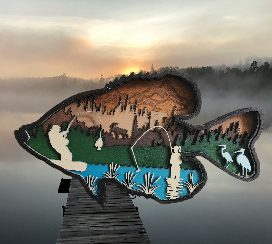 Handcrafted Crappie Shaped 3D Fishing Scene