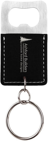 Rectangle Black/Silver Laserable Leatherette Bottle Opener Keychain