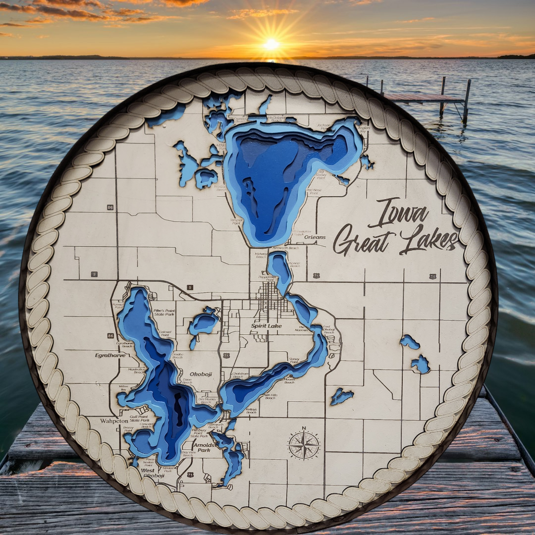 Iowa Great Lakes Round Layered Map – Okoboji Trading Company