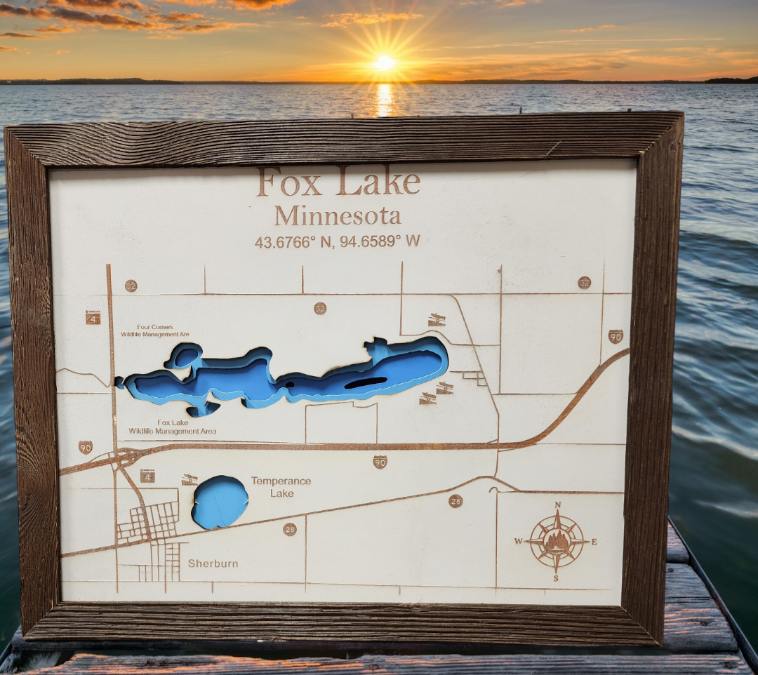 Fox Lake 3D Bathymetric Map - Laser Engraved, Shurburn, MN, Martin County