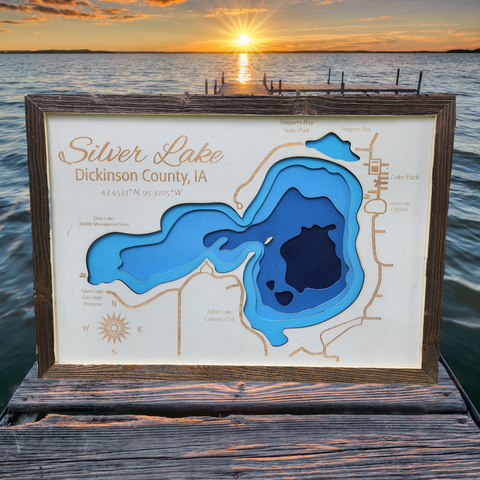 3D Laser Cut Bathymetric Lake Map of Silver Lake 21x15 - Gift - Silver Lake, Iowa Decor