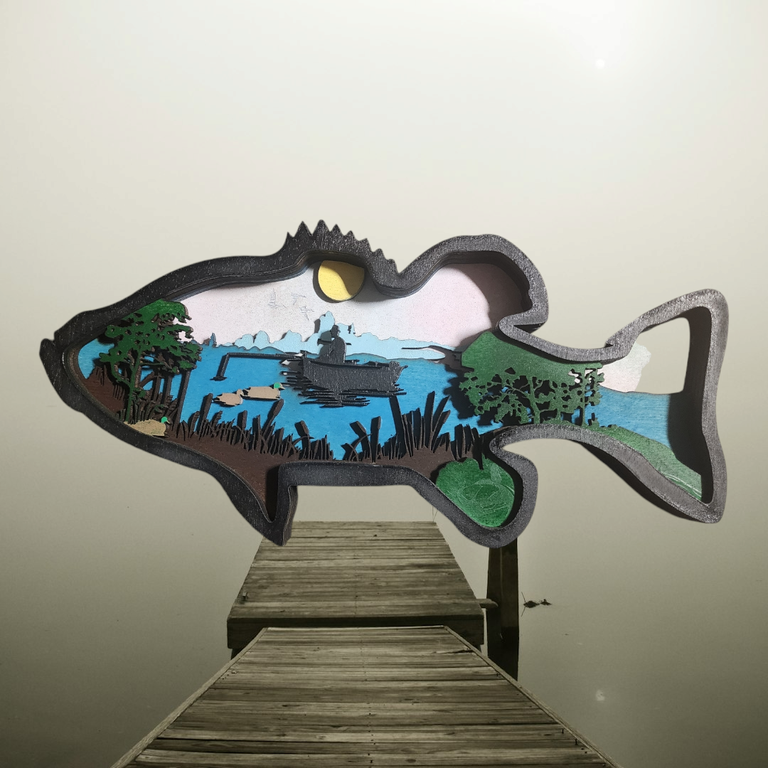 Handcrafted Bass Shaped 3D Fishing Scene