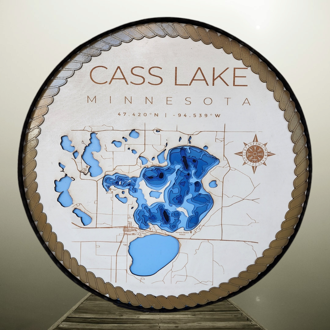 Round Bathymetric Lake Map of Cass Lake, MN – Laser-Cut Baltic Birch with Whiskey Barrel Ring Frame