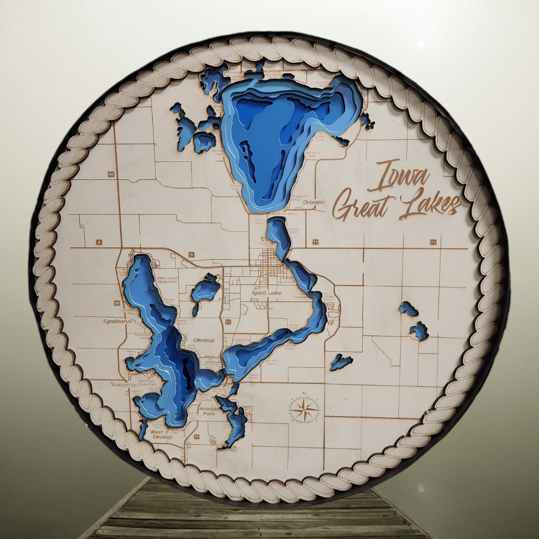 Iowa Great Lakes Round Layered Map 22 inches