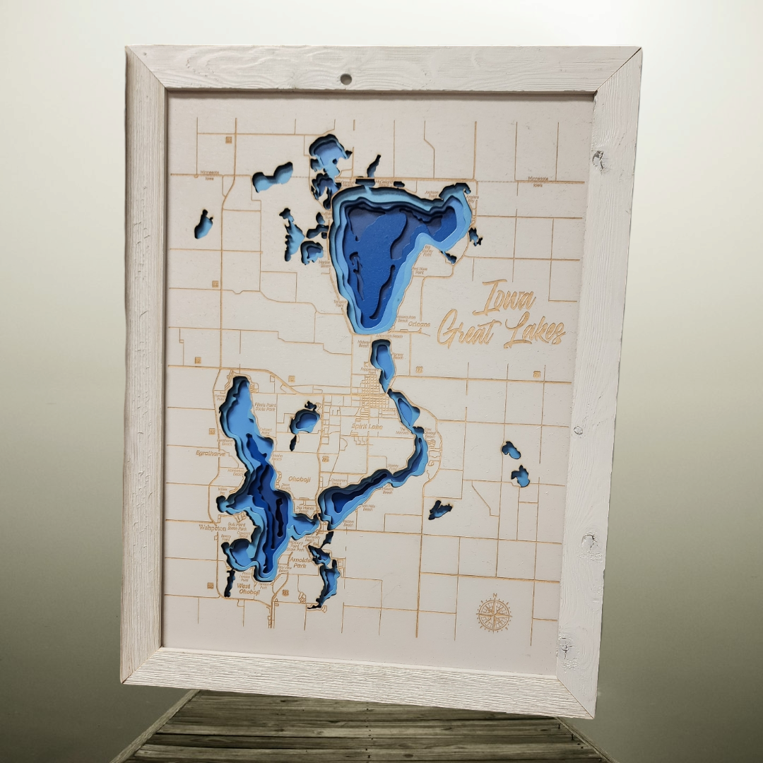 Okoboji Contour Map Iowa Great Lakes Depth Map Natural Wood Big Spirit Lake Iowa Map of Dickinson County- Small