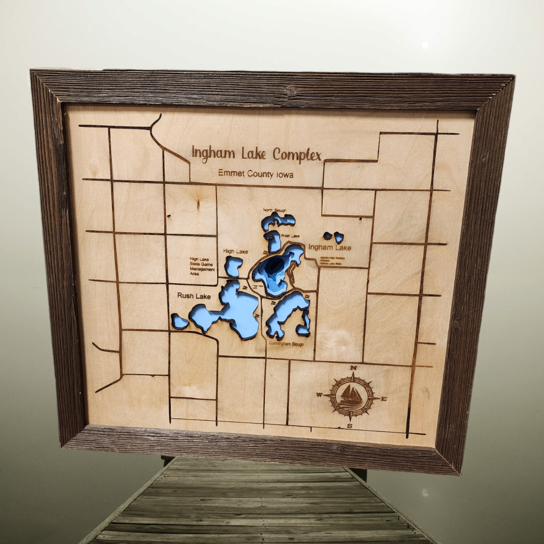 Bathymetric Lake Map of the Ingham Lake Complex – Laser-Cut Baltic Birch with Rustic Charwood Trim