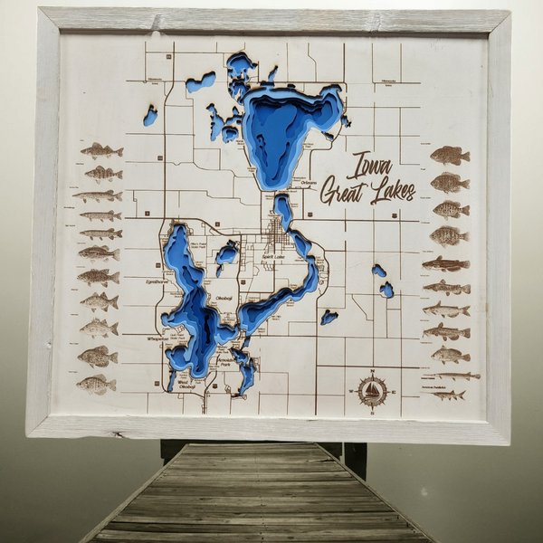 Bathymetric Lake Map of the Iowa Great Lakes Complete With All Sporting Fish- Medium