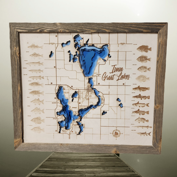 Bathymetric Lake Map of the Iowa Great Lakes Complete With All Sporting Fish- Large