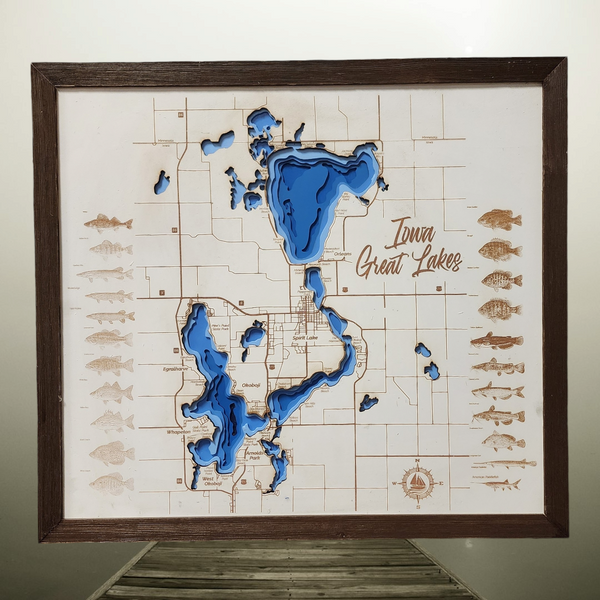 Bathymetric Lake Map of the Iowa Great Lakes Complete With All Sporting Fish- Large