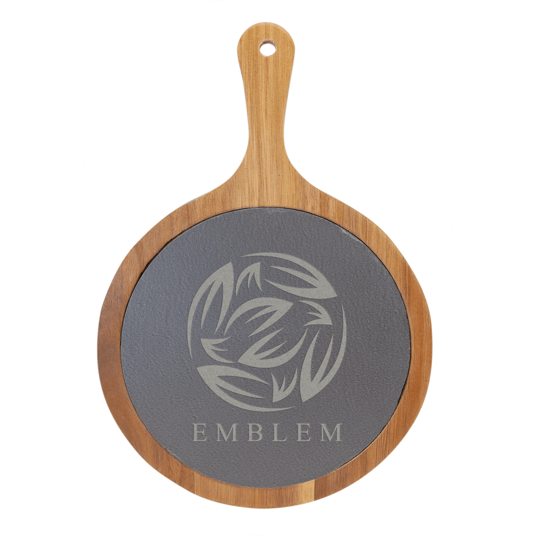 Round Acacia Wood/Slate Serving Board with Handle - 8 1/4" x 12 1/4 - Customizable - Gift - Personalize